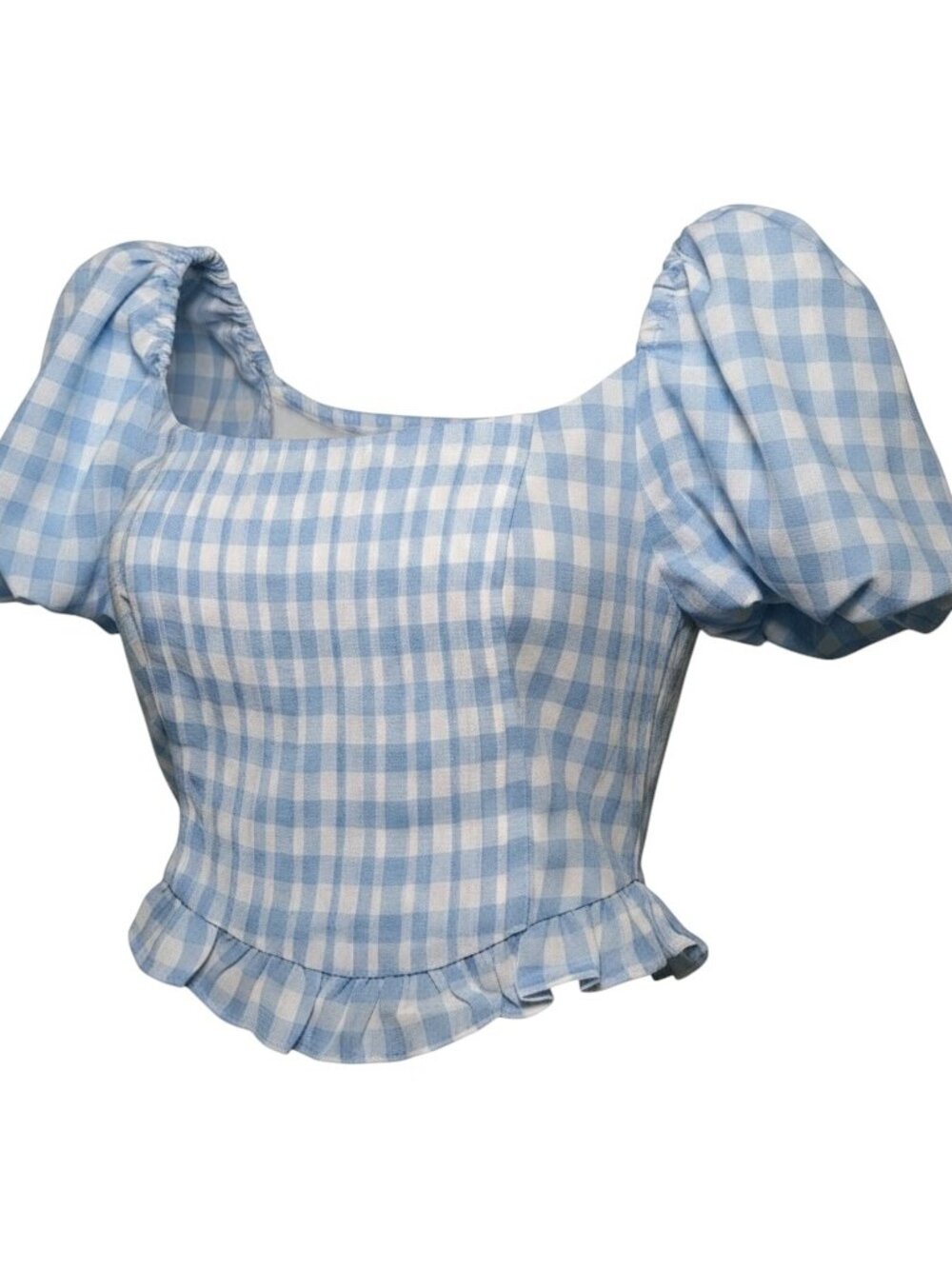 OPT One Pretty Time Blue Gingham Puff Sleeve Crop Top NWT Small